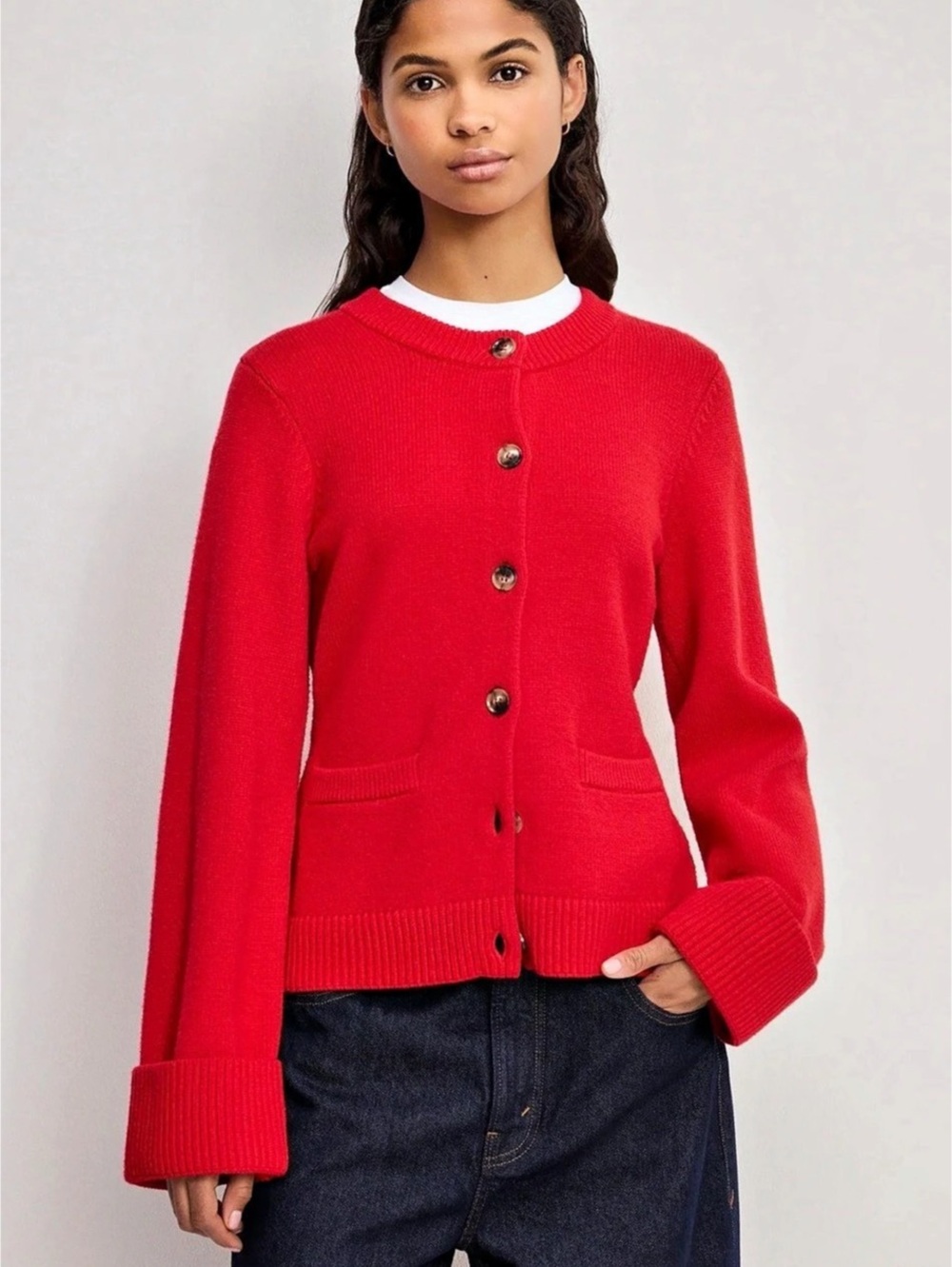 Good American Button Front Knit Cardigan Red Medium